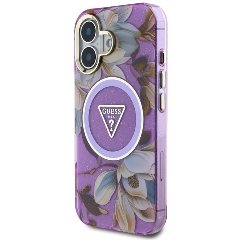 Guess Glitter Flowers Triangle Buttons MagSafe - Case for iPhone 16 (purple) 2