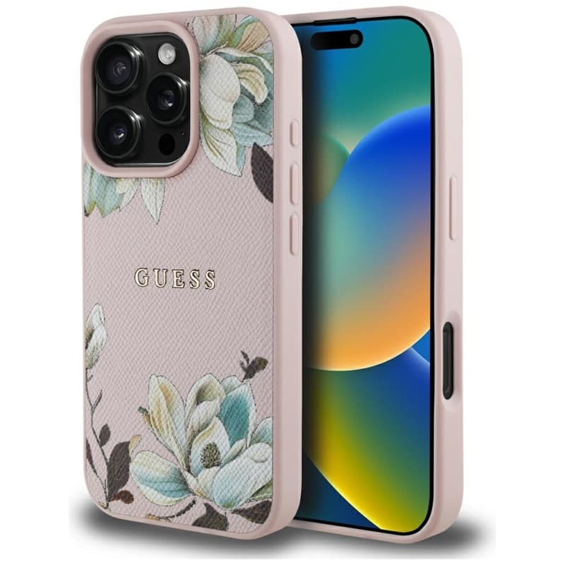 Guess Grained Printed Flower Pattern MagSafe - Case for iPhone 16 Pro (pink)