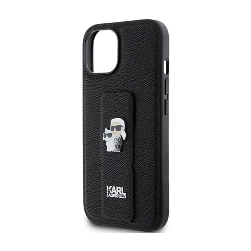 Karl Lagerfeld Gripstand Saffiano Karl & Choupette Pins - iPhone 15 Case (Black) 6