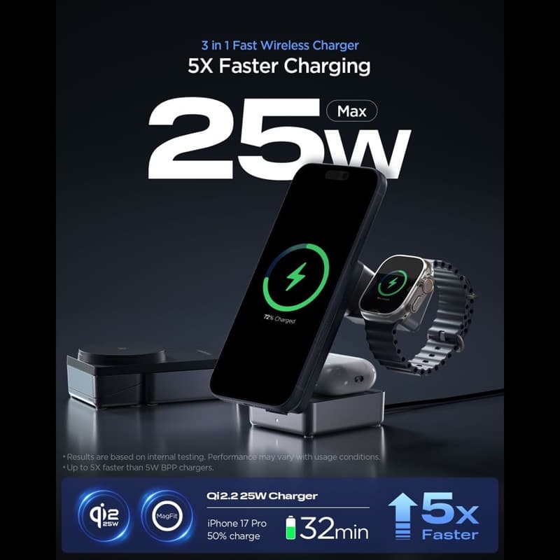 Spigen EF323MQ Essential - MagSafe 3-in-1 Wireless Charger for iPhone, AirPods and Apple Watch 25W Qi 2.2 (Black) 7