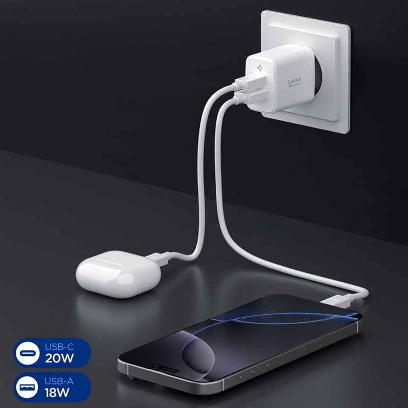 Spigen Essential EE202EU GaN Pro - USB-C + USB-A 20W Wall Charger (White) 5