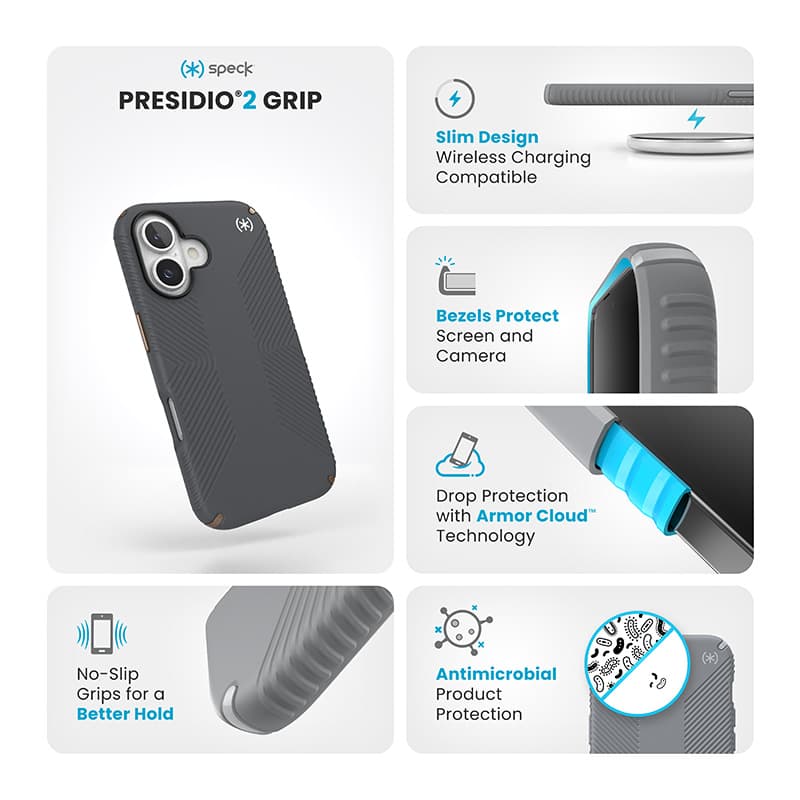Speck Presidio2 Grip - iPhone 16 Case (Charcoal Gray / Cool Bronze / White) 6