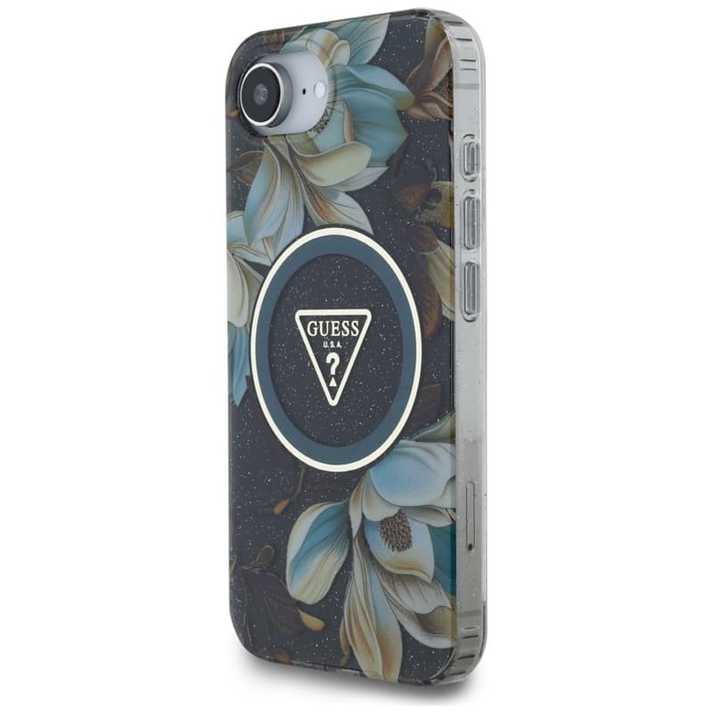 Guess IML Metal Glitter Flowers Triangle MagSafe - Case for iPhone 16e (black) 2