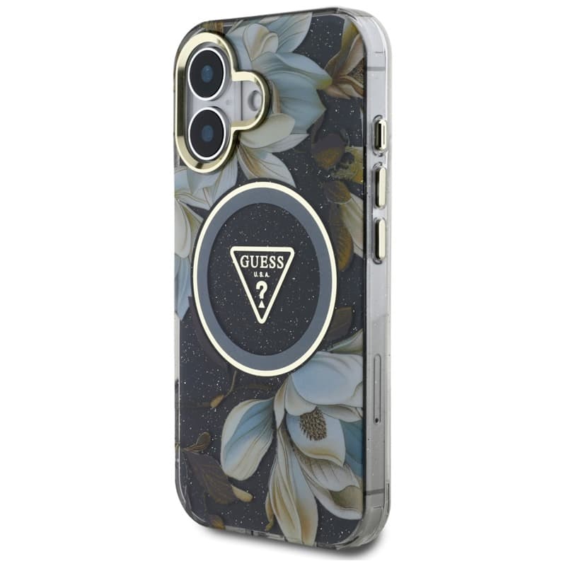 Guess Glitter Flowers Triangle Buttons MagSafe - Case for iPhone 16 (black) 2