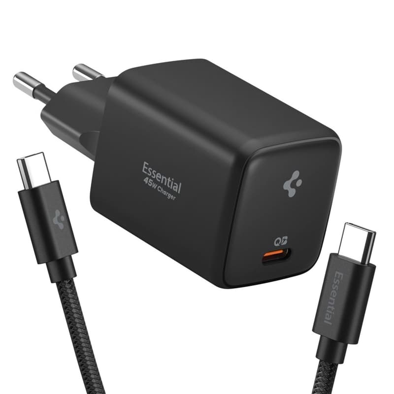 Spigen EE451EU Essential GaN Pro - USB-C PD PPS 45W Wall Charger + 1m USB-C Cable (Black) 1