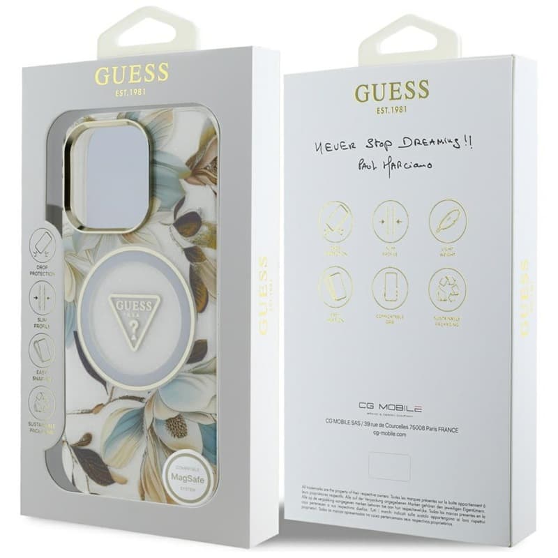 Guess Glitter Flowers Triangle Buttons MagSafe - Case for iPhone 16 Pro Max (white) 8