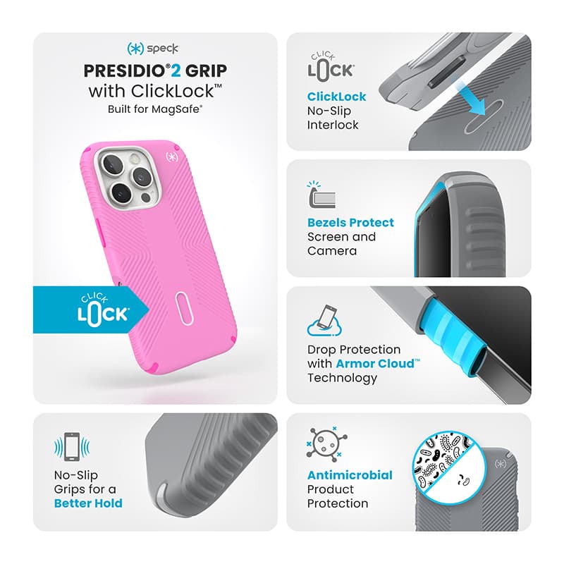Speck Presidio2 Grip ClickLock & MagSafe - iPhone 16 Pro Case (True Pink / Shocking Pink / White) 3