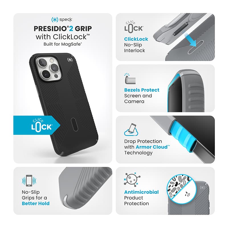 Speck Presidio2 Grip ClickLock & MagSafe - iPhone 16 Pro Max Case (Black / Slate Gray / White) 3