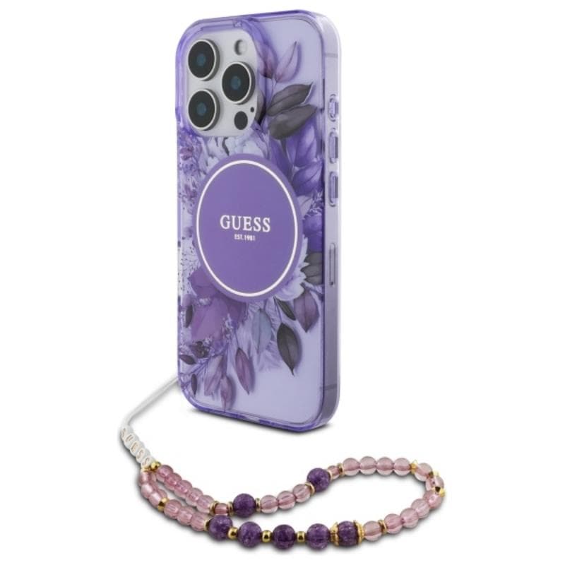 Guess IML Flowers With Pearl Strap MagSafe - Case for iPhone 16 Pro (Purple)