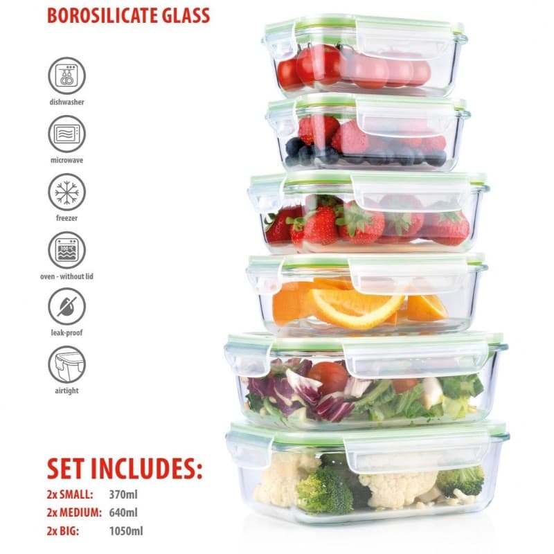 Alpina - Set of 6 glass food containers with lid lunchbox 370 ml / 640 ml / 1050 ml 7