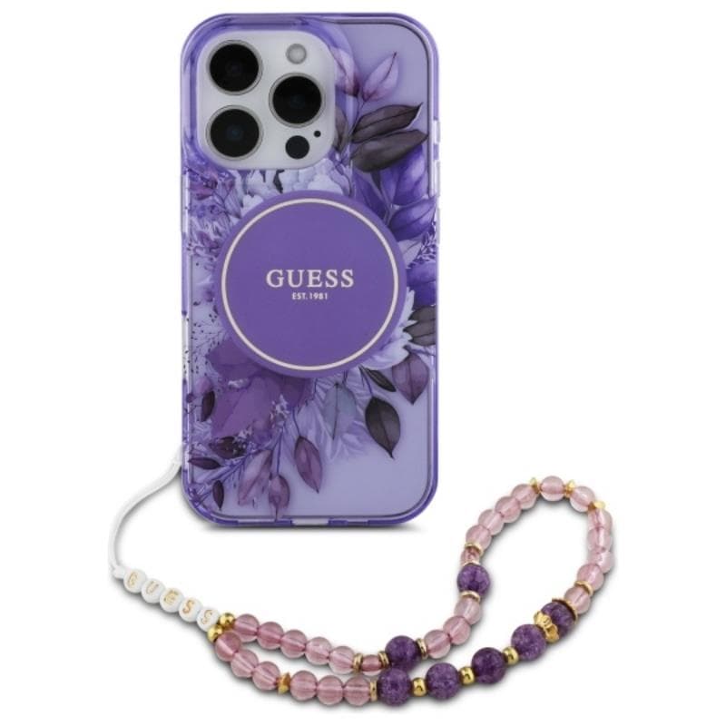 Guess IML Flowers With Pearl Strap MagSafe - Case for iPhone 16 Pro (Purple) 2