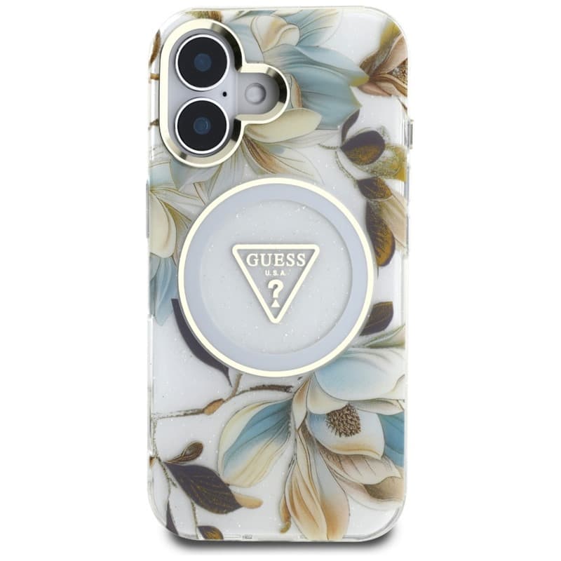 Guess Glitter Flowers Triangle Buttons MagSafe - Case for iPhone 16 (white) 3
