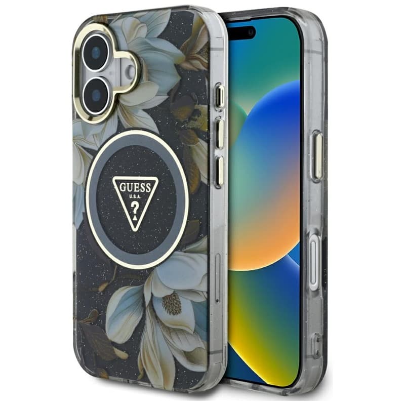 Guess Glitter Flowers Triangle Buttons MagSafe - Case for iPhone 16 (black)
