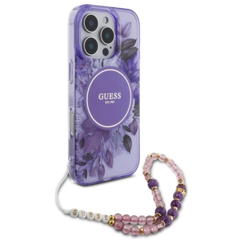 Guess IML Flowers With Pearl Strap MagSafe - Case for iPhone 16 Pro (Purple) 3