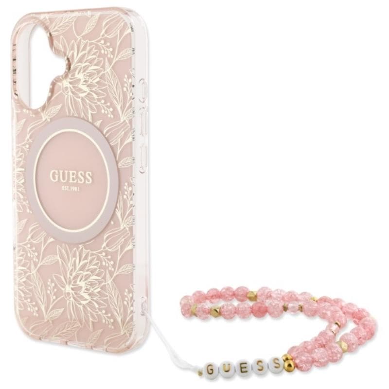Guess IML Flowers Allover Electro With Pearl Strap MagSafe - Case for iPhone 16 (Pink) 5