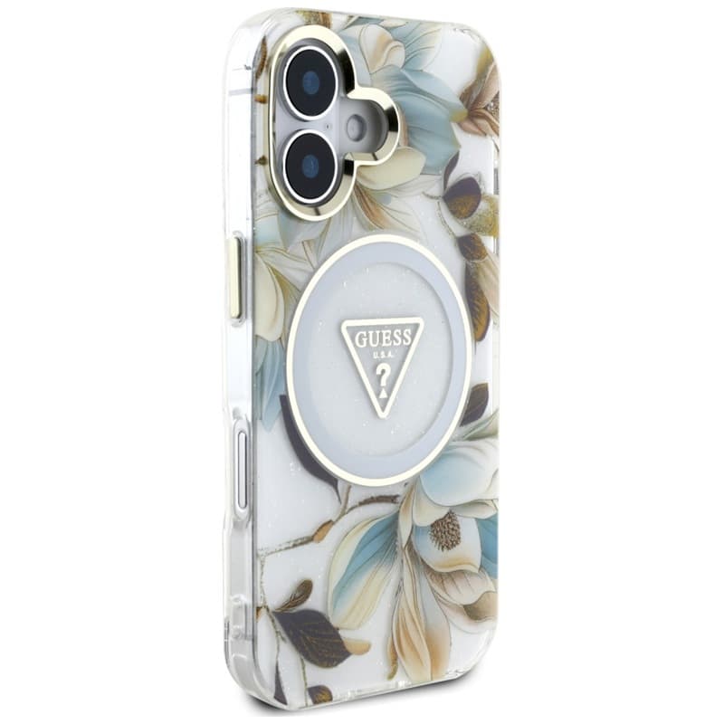 Guess Glitter Flowers Triangle Buttons MagSafe - Case for iPhone 16 (white) 4
