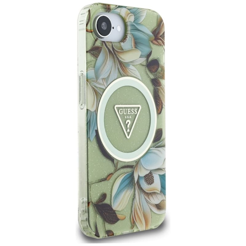Guess IML Metal Glitter Flowers Triangle MagSafe - Case for iPhone 16e (green) 4