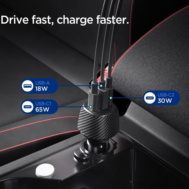 Spigen Essential EV1133 – Car Charger 2x USB-C PD and USB-A QC3.0 113W + 100W, USB-C Cable, 1m (Black) 3