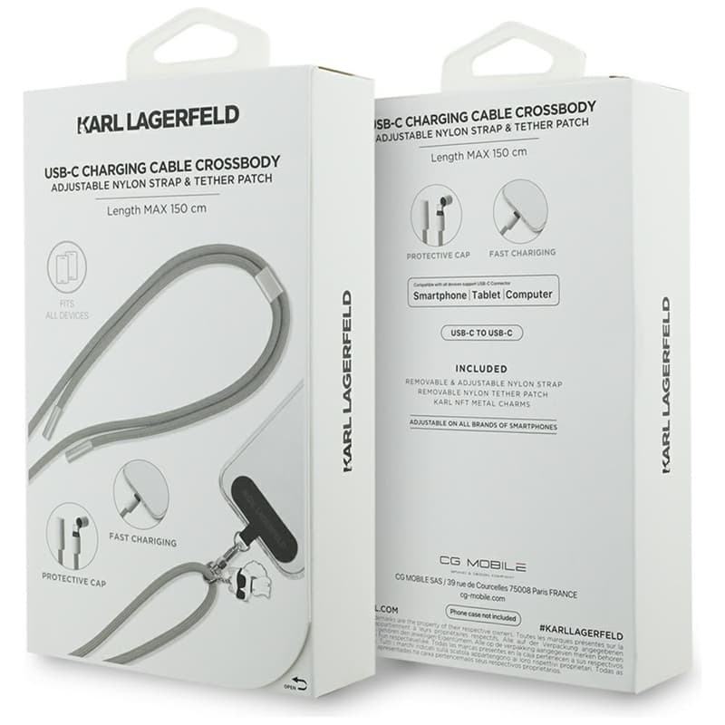 Karl Lagerfeld Crossbody Strap Choupette Charm - Universal Phone Strap / USB-C to USB-C Cable 1.5m (Grey) 4
