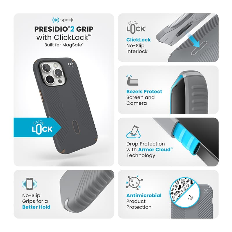 Speck Presidio2 Grip ClickLock & MagSafe - iPhone 16 Pro Case (Charcoal Gray / Cool Bronze / White) 3