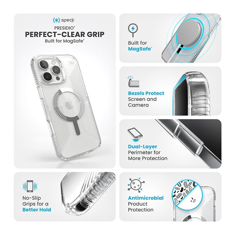 Speck Presidio Perfect-Clear Grip MagSafe - iPhone 16 Pro Max Case (Clear / Chrome Finish / Serene Silver) 6
