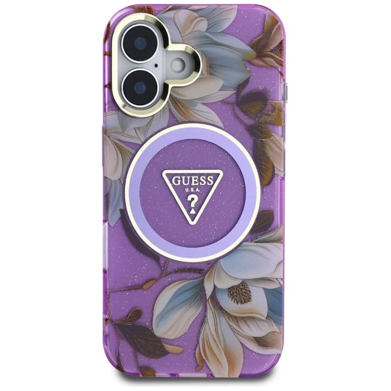 Guess Glitter Flowers Triangle Buttons MagSafe - Case for iPhone 16 (purple) 3