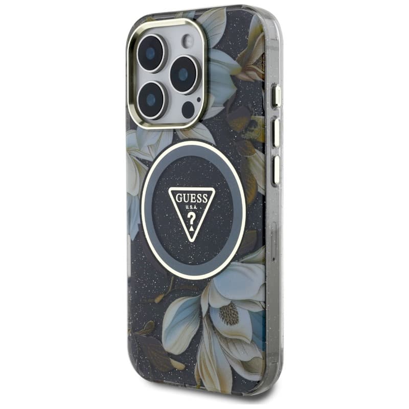 Guess Glitter Flowers Triangle Buttons MagSafe - Case for iPhone 16 Pro (black) 2