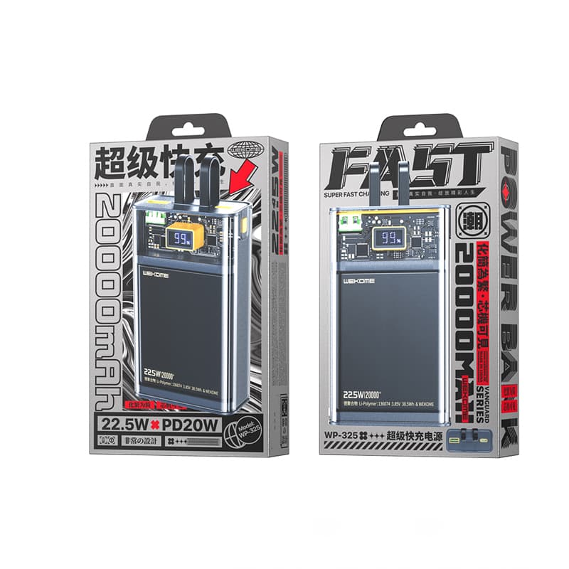 WEKOME WP-325 Vanguard Series - Power bank 20000 mAh Super Charging with built-in USB-C & Lightning PD 20W cable + QC 22.5W (Black / Transparent) 3