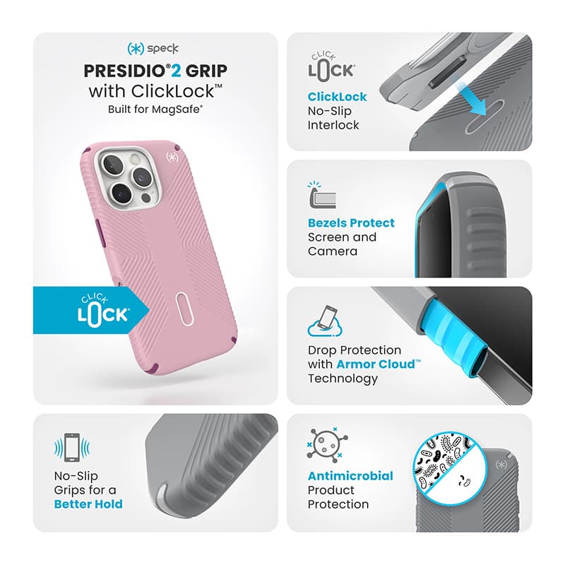 Speck Presidio2 Grip ClickLock & MagSafe - Case for iPhone 16 Pro (Wednesday Pink / Boysenberry Purple / White) 3