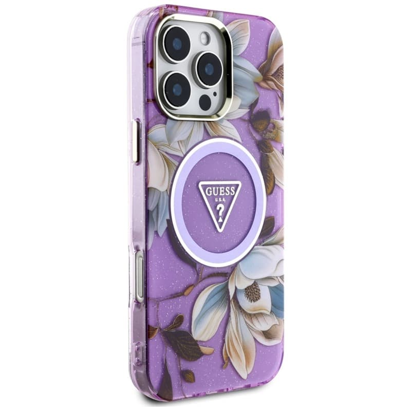 Guess Glitter Flowers Triangle Buttons MagSafe - Case for iPhone 16 Pro (purple) 4