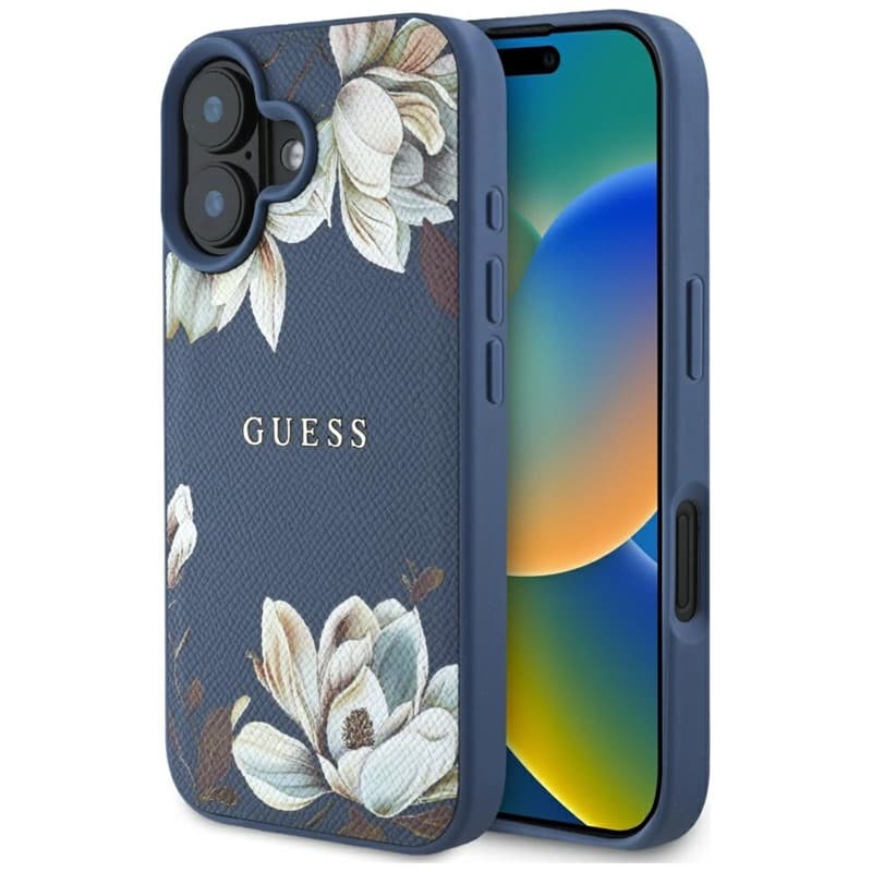 Guess Grained Printed Flower Pattern MagSafe - Case for iPhone 16 (blue) 1