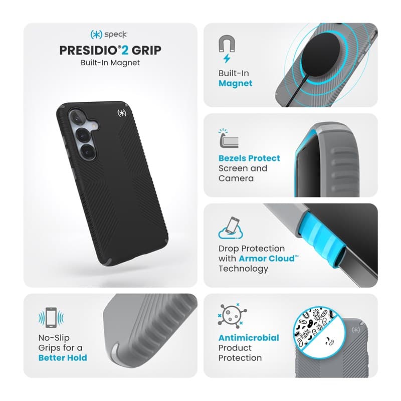 Speck Presidio2 Grip Magnet - Samsung Galaxy S25 / 24 MagSafe Case (Black/Slate Gray/White) 7
