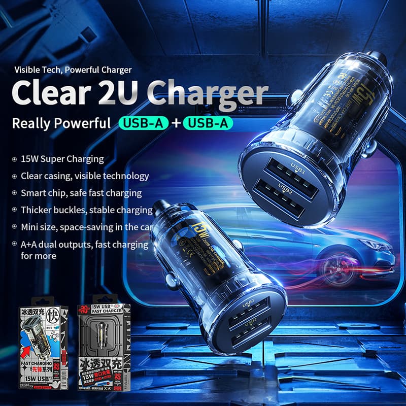 WEKOME WP-C40 Vanguard Series - Car charger 2 x USB Fast Charging 15W (Black / Transparent) 2