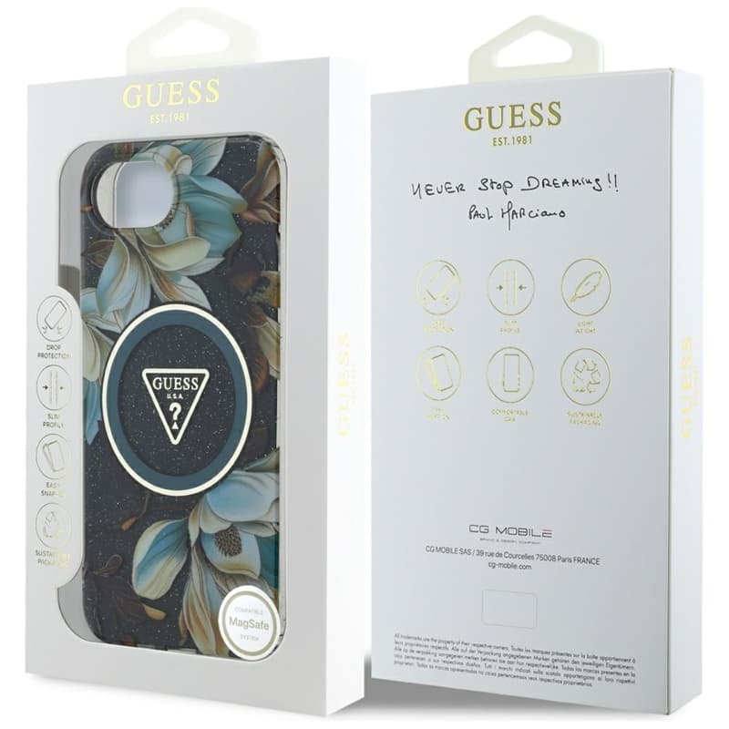 Guess IML Metal Glitter Flowers Triangle MagSafe - Case for iPhone 16e (black) 8