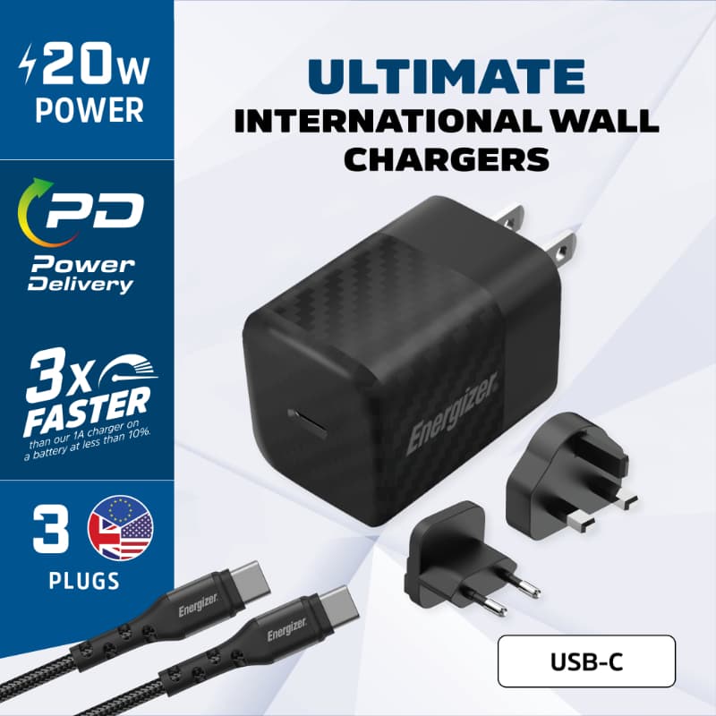 Energizer Ultimate - Multiplug EU / UK / US GaN 20W PD mains charger + USB-C cable (Black) 3