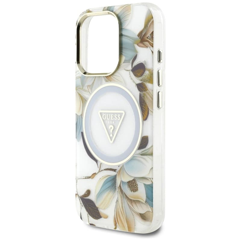 Guess Glitter Flowers Triangle Buttons MagSafe - Case for iPhone 16 Pro Max (white) 6