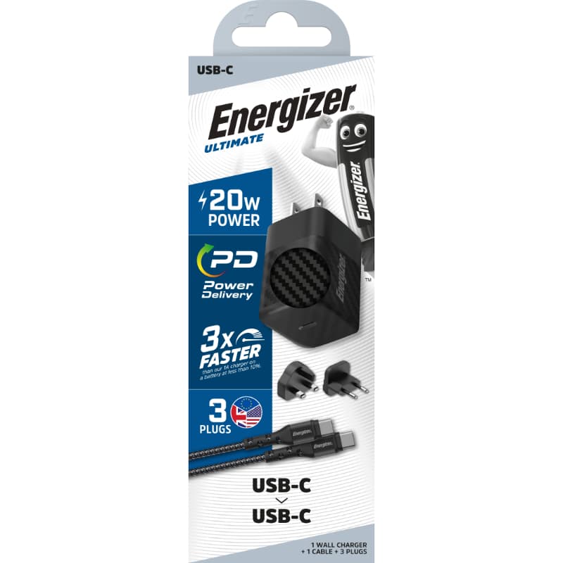 Energizer Ultimate - Multiplug EU / UK / US GaN 20W PD mains charger + USB-C cable (Black) 4