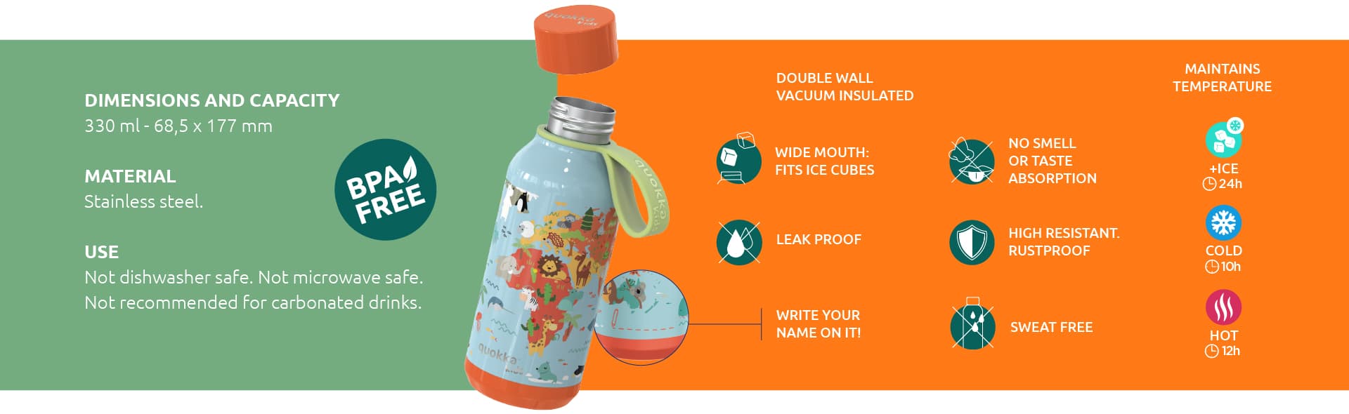 Quokka Solid Kids with strap - 330 ml stainless steel thermal bottle with strap (Jungle) 3