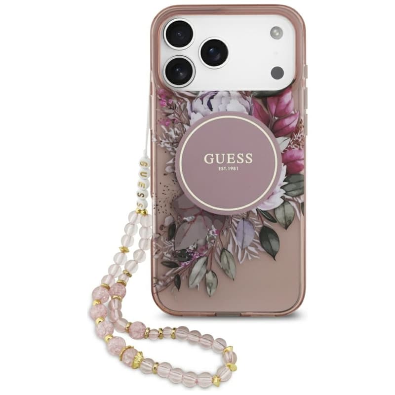 Guess IML Flowers Electro Pearl Strap MagSafe - Case iPhone 17 Pro Max (pink)