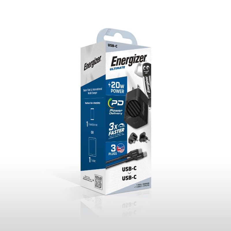 Energizer Ultimate - Multiplug EU / UK / US GaN 20W PD mains charger + USB-C cable (Black) 5