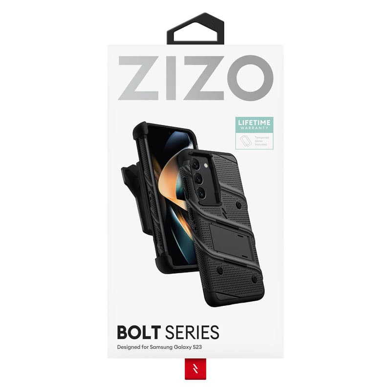 ZIZO BOLT Series - Armoured case for Samsung Galaxy S23 with 9H glass for screen + holder with stand (Black) 7