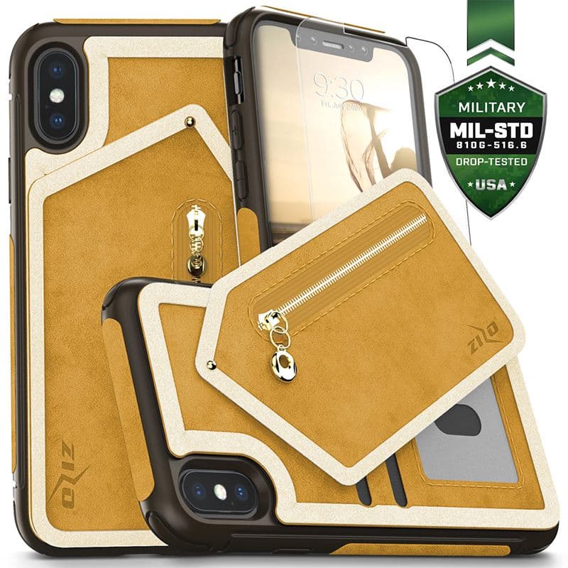 Zizo Nebula Wallet Case - Wallet Back and Zipper Pouch with Tempered Glass Screen Protector for iPhone X (Light Brown/Brown) 1