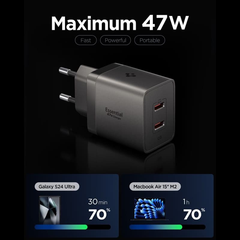 Spigen Essential EE472EU GaN - 2x USB-C PD PPS 47W Wall Charger (Gunmetal) 2