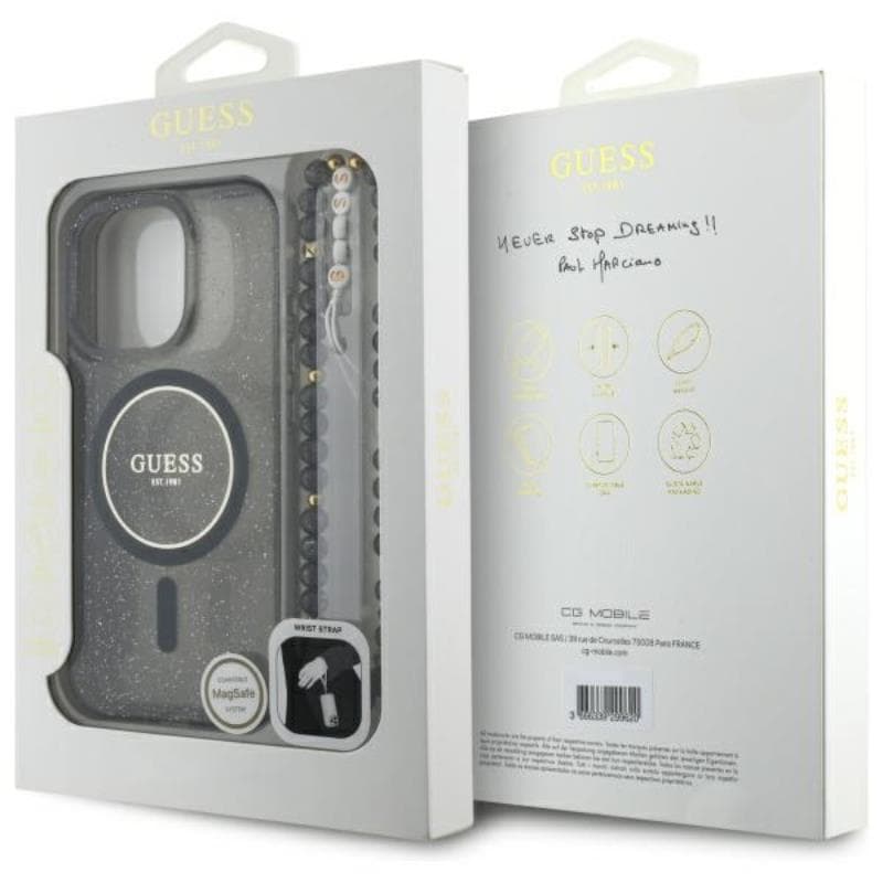 Guess IML Glitter With Pearl Strap MagSafe - Case for iPhone 16 Pro (Black) 7