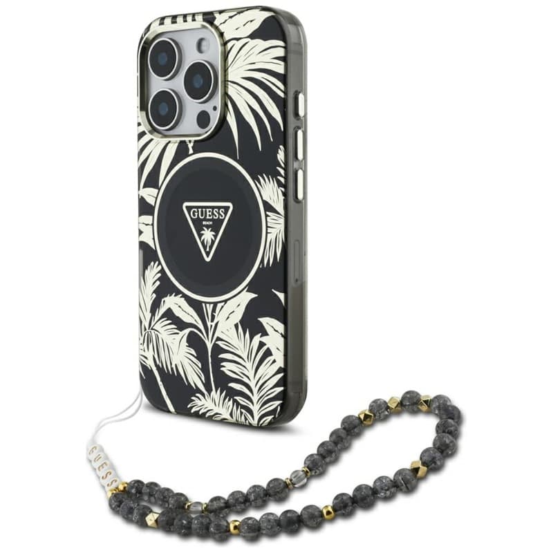 Guess Palm Trees Triangle Pearl Strap MagSafe - Case for iPhone 16 Pro (black)