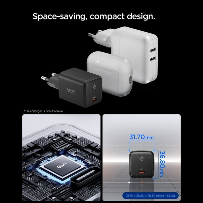 Spigen EE451EU Essential GaN Pro - USB-C PD PPS 45W Wall Charger + 1m USB-C Cable (Black) 3