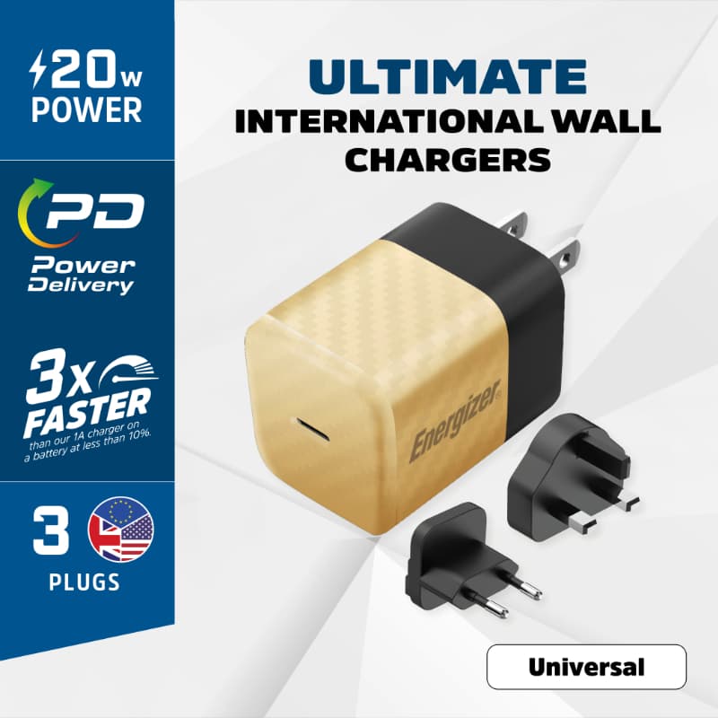 Energizer Ultimate - Multiplug EU / UK / US GaN 20W PD mains charger (Gold) 3