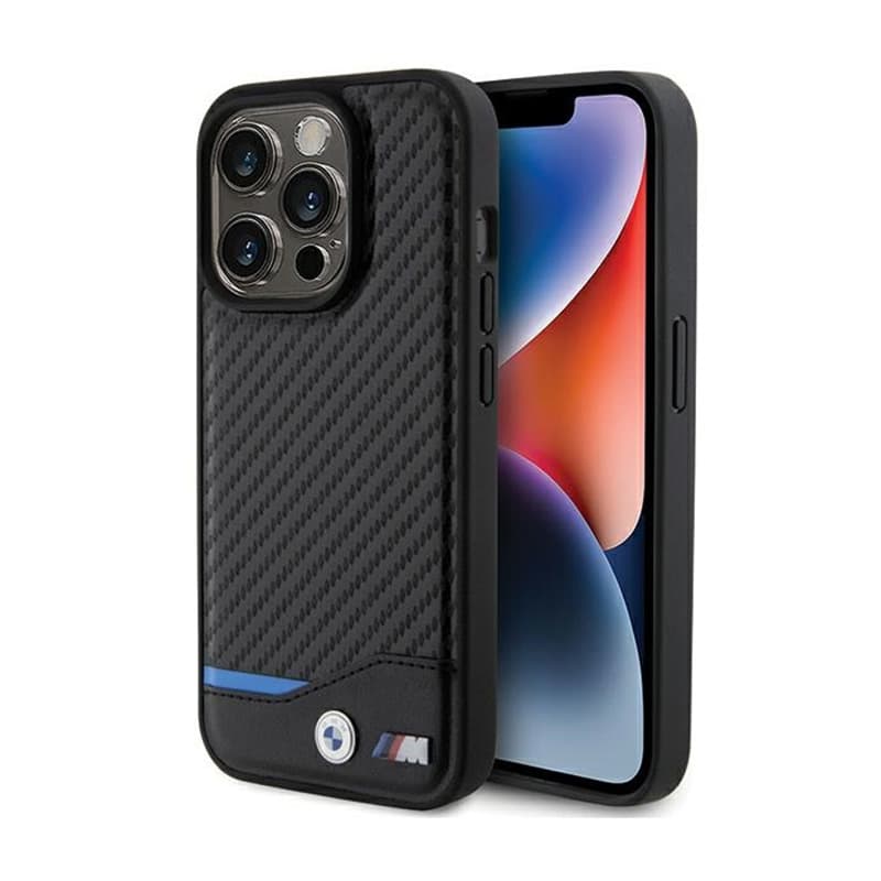 BMW Leather Carbon Blue Line MagSafe - Case for iPhone 15 Pro (Black)