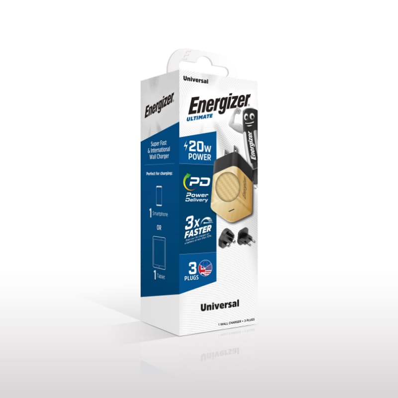 Energizer Ultimate - Multiplug EU / UK / US GaN 20W PD mains charger (Gold) 5