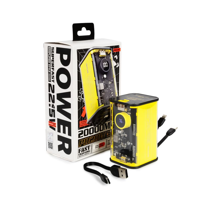 WEKOME WP-347 Vanguard Series - Power bank 20000 mAh Super Fast Charging with built-in USB-C PD 20W & Lightning + USB-A QC3.0 22.5W cable (Yellow) 6